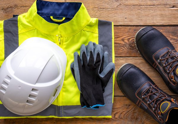 Flat lay, tablet and builder uniform items, builder work and repair concept.